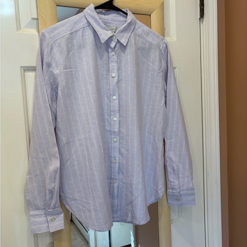 NWT LOFT Lilac Lavender Striped Linen Blend Button Down Shirt - S